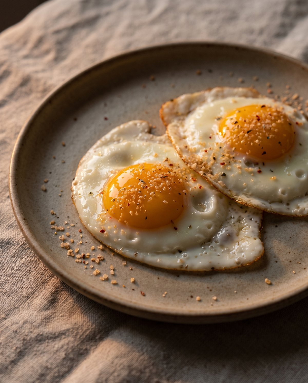 Fried eggs finished with chilli salt