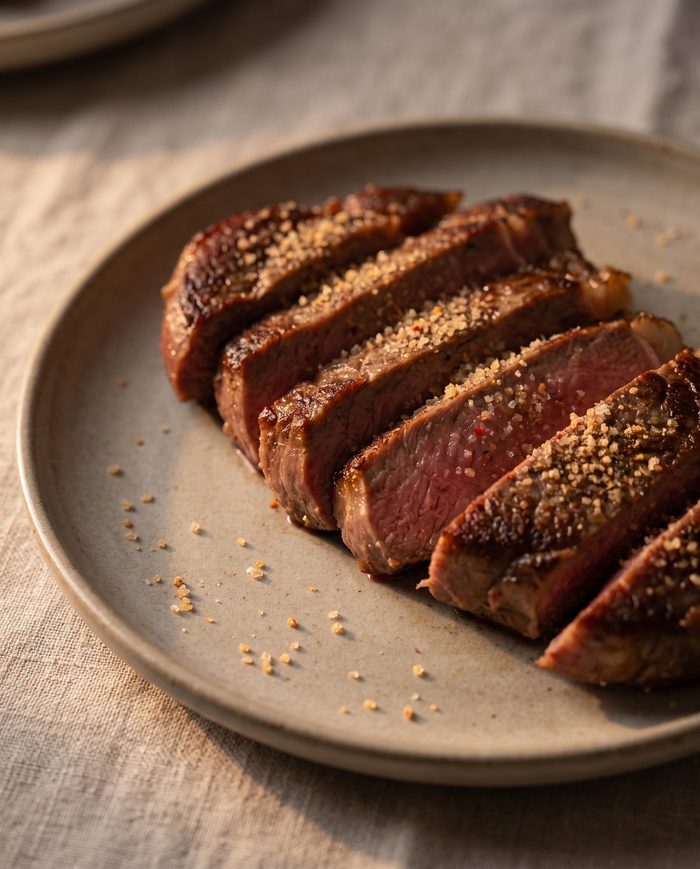 Sliced seared steak finished with a pinch of chilli salt