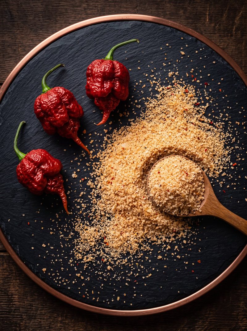 Golden chilli salt heaped on slate beside three fresh Carolina Reaper pods